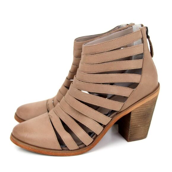 HINGE BEIGE GENUINE LEATHER STRAPPY MED HIGH HEEL BOOTIES BOOTS SHOES 7.5M - Picture 5 of 10